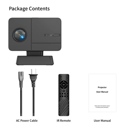 Package contents including a projector, AC power cable, IR remote, and user manual on a white background.