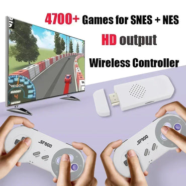 Wireless controllers for SNES and NES with TV displaying game, HD output, and '4700+ Games' text.