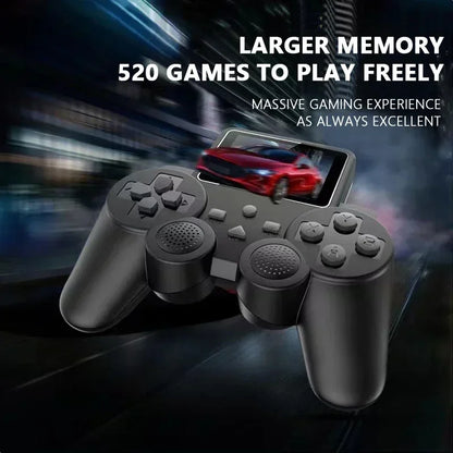 Gaming controller with screen displaying a car game, text about larger memory and games on screen.