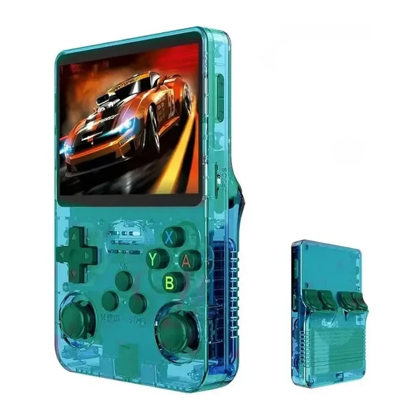Transparent teal handheld gaming console with screen displaying a car game, on a white background.