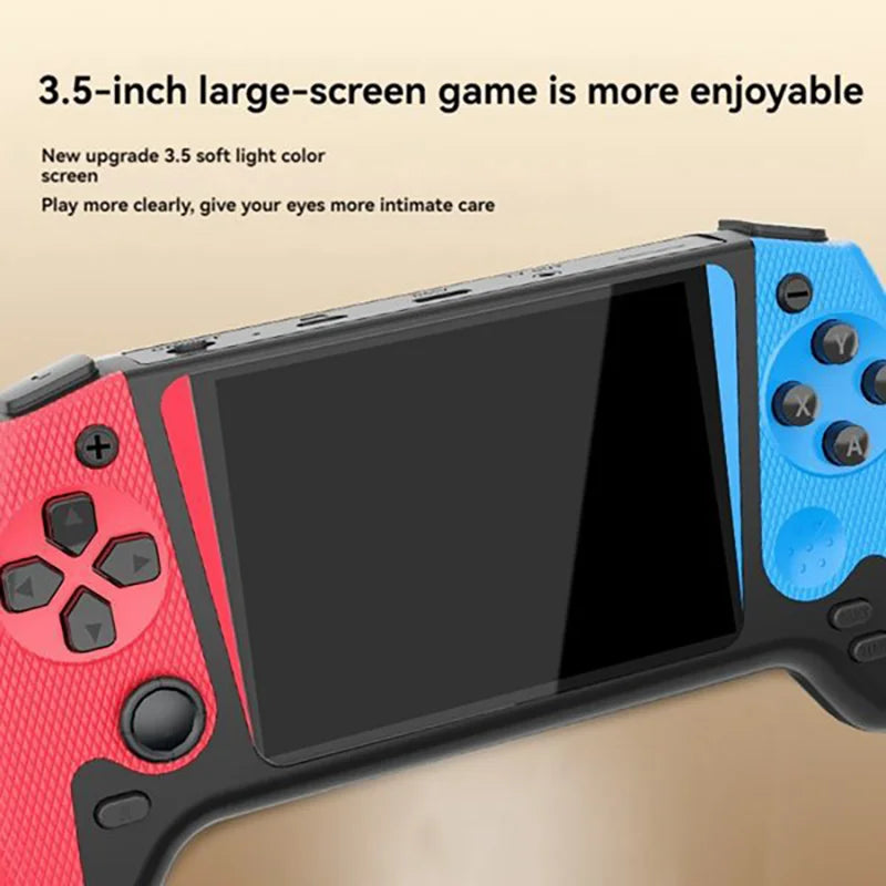 Handheld gaming console with red and blue design on a beige background