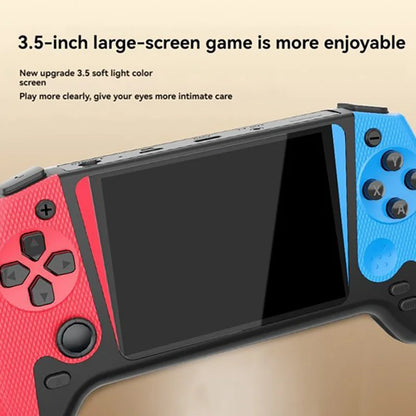 Handheld gaming console with red and blue design on a beige background