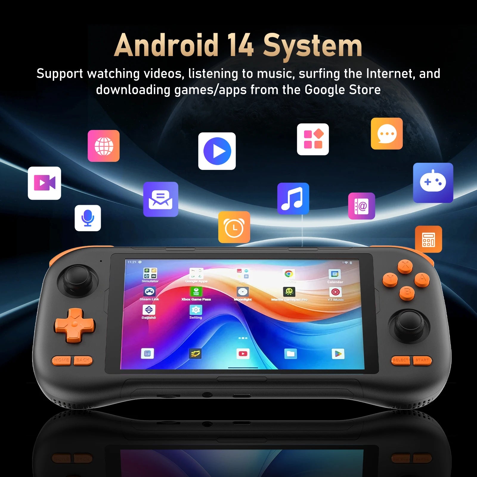 Handheld gaming device with Android 14 System features on a dark background