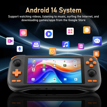 Handheld gaming device with Android 14 System features on a dark background