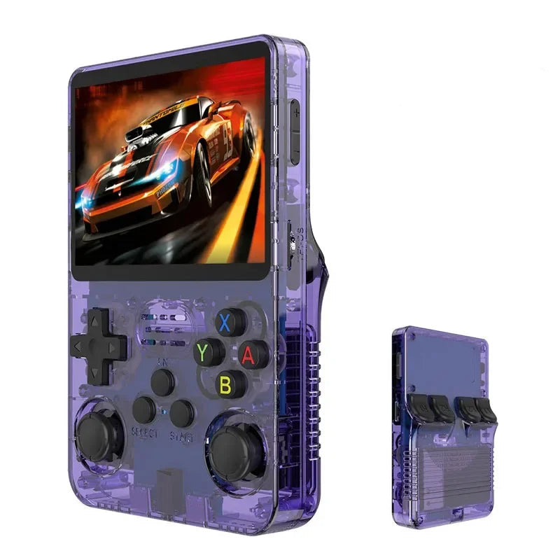 Purple handheld gaming console with transparent design, displaying a racing game on screen.
