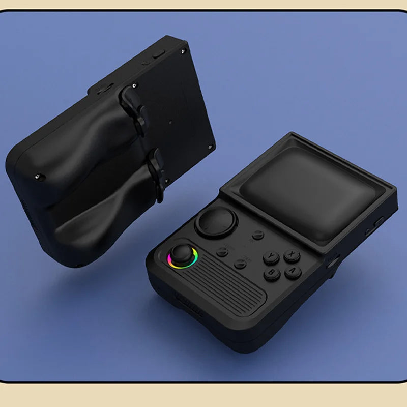 Black handheld gaming console with carrying case on a blue background