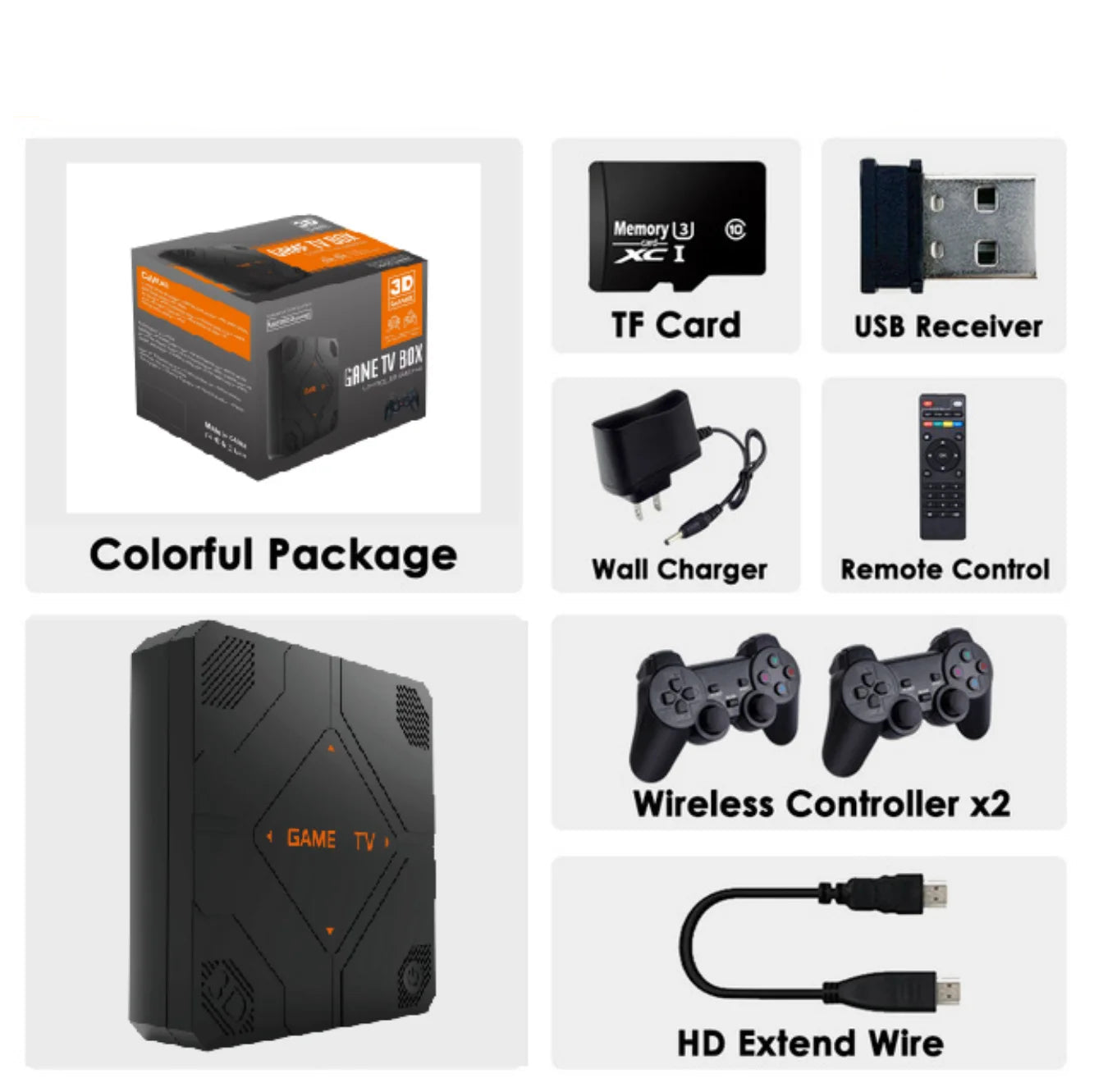Collection of electronic components and accessories including a box, memory card, USB receiver, wall charger, remote control, game console, wireless controllers, and HD extend wire on a white background.