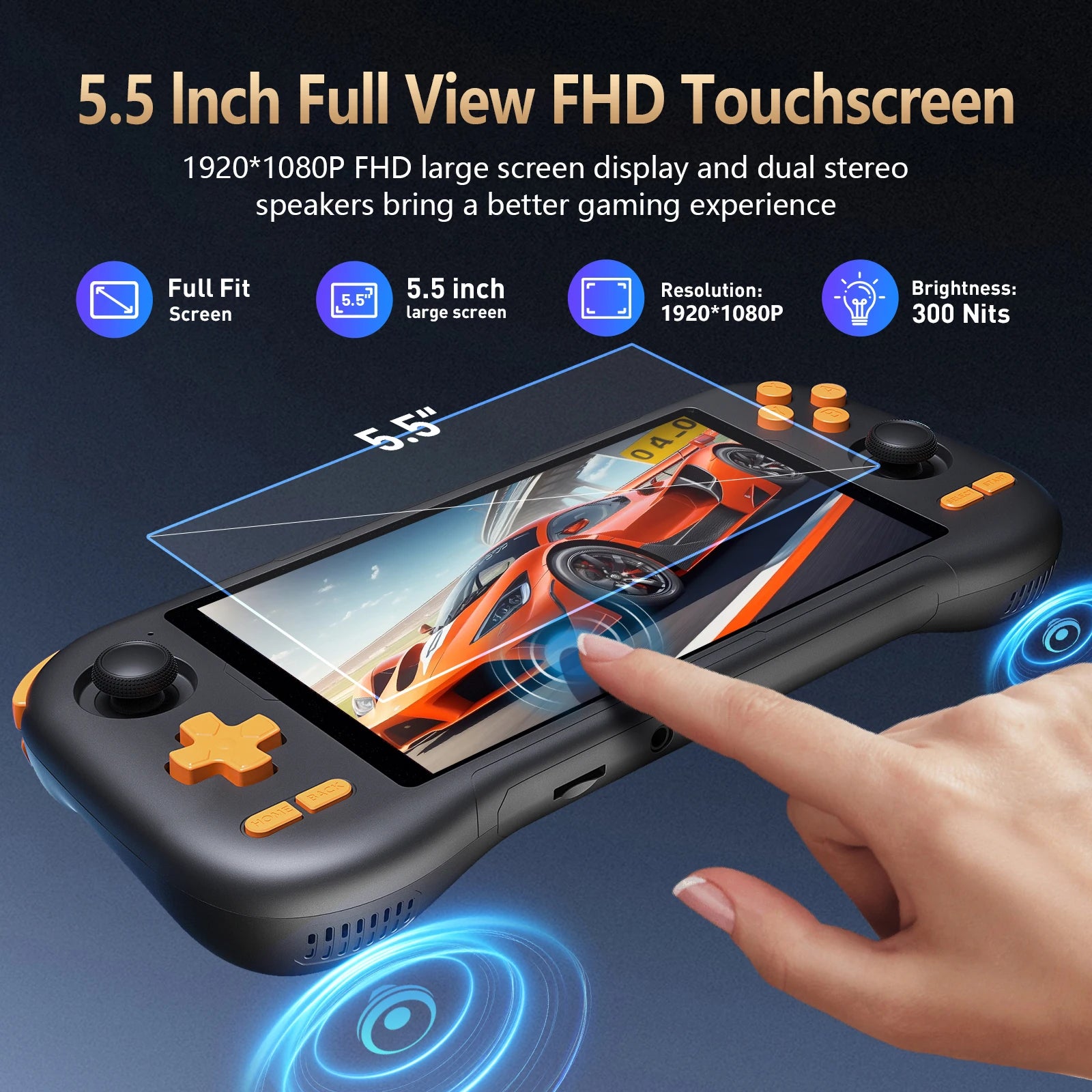 Handheld gaming console with 5.5-inch FHD touchscreen and gaming experience features.
