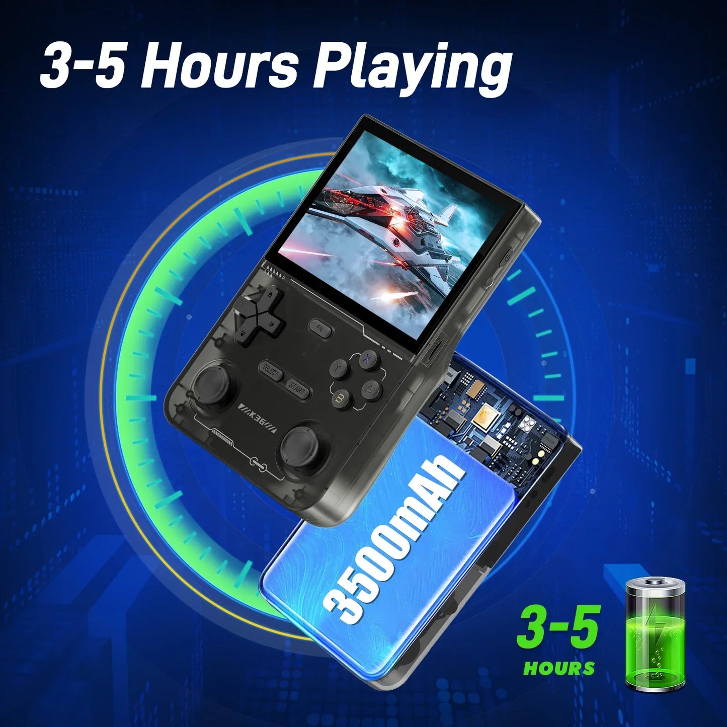Handheld gaming console with 3500mAh battery pack on a blue background