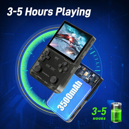 Handheld gaming console with 3500mAh battery pack on a blue background
