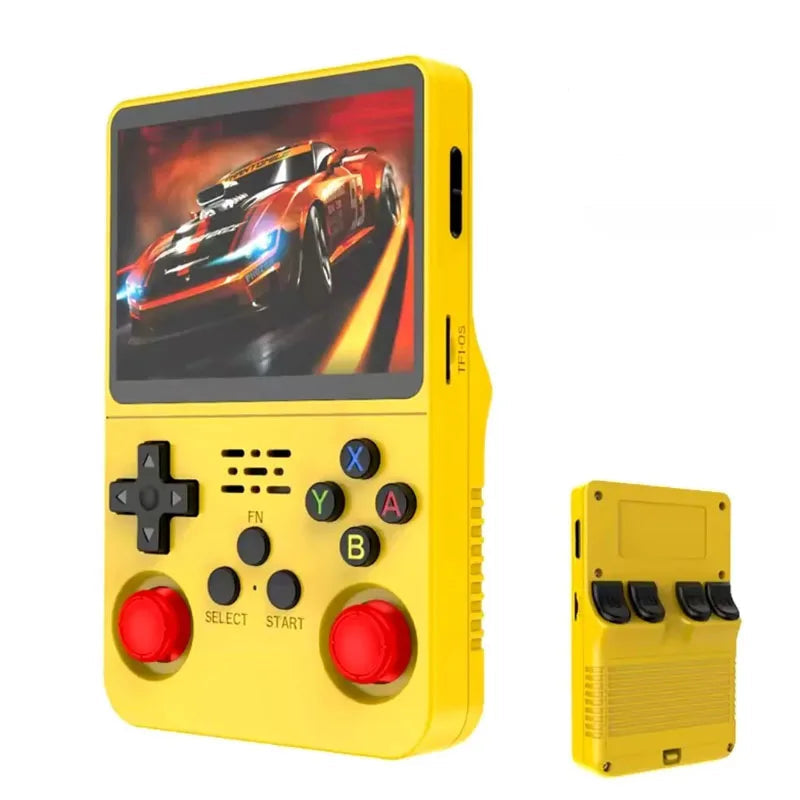 Yellow handheld gaming console with screen displaying a racing game, on a white background.