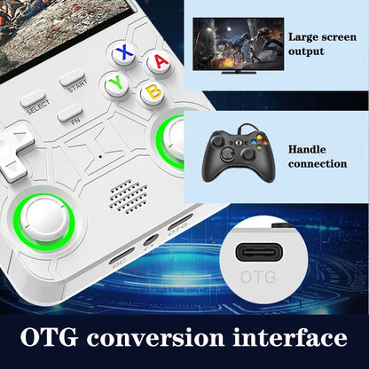 Gaming controller with OTG conversion interface features on a blue and black background