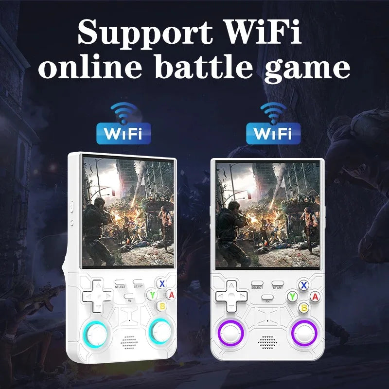 Two handheld gaming consoles with WiFi indicators on a dark background with battle scene graphics.