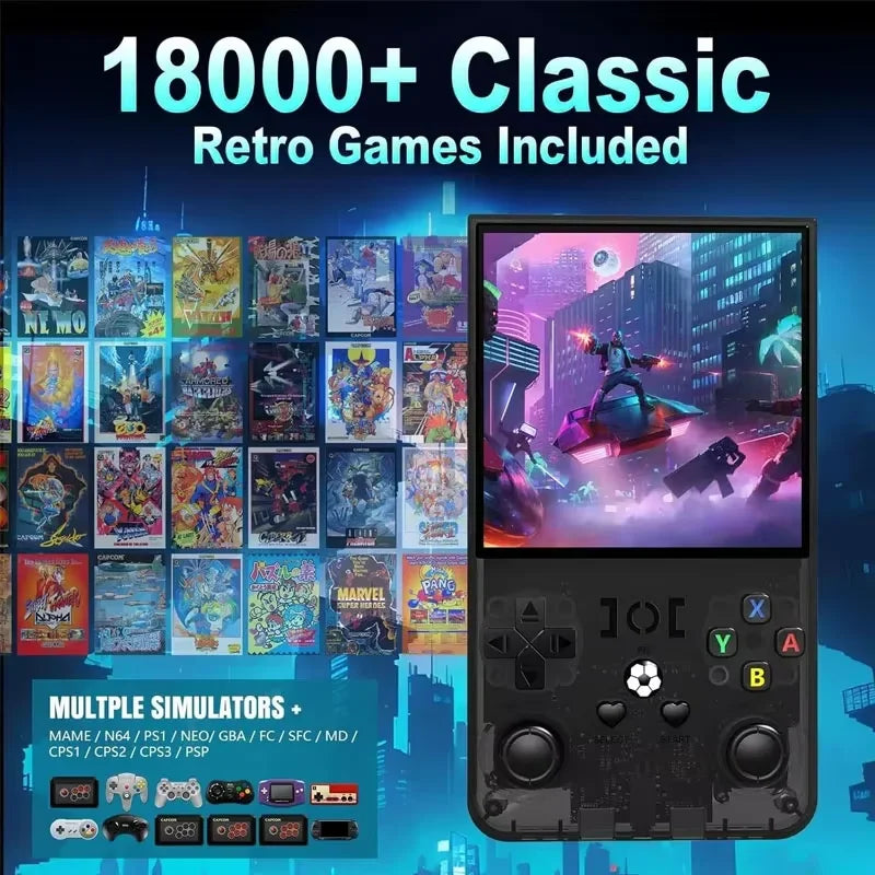 Handheld gaming console with 18000+ classic retro games displayed on a blue cityscape background.