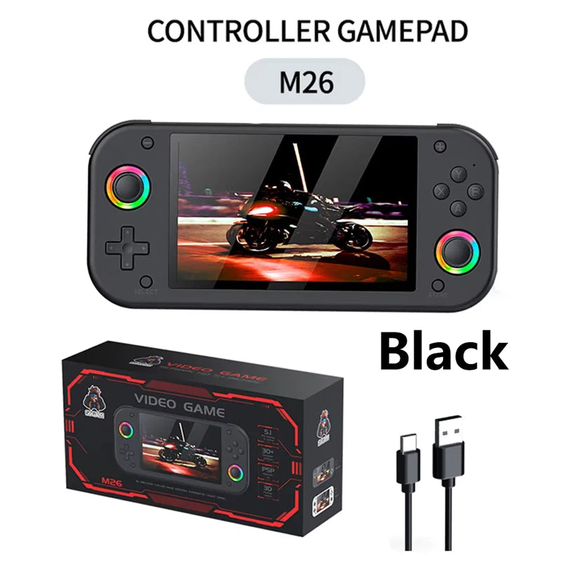 Black handheld gaming console with screen, controller, and packaging on a white background