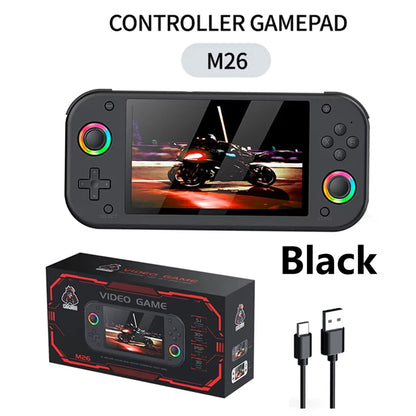 Black handheld gaming console with screen, controller, and packaging on a white background