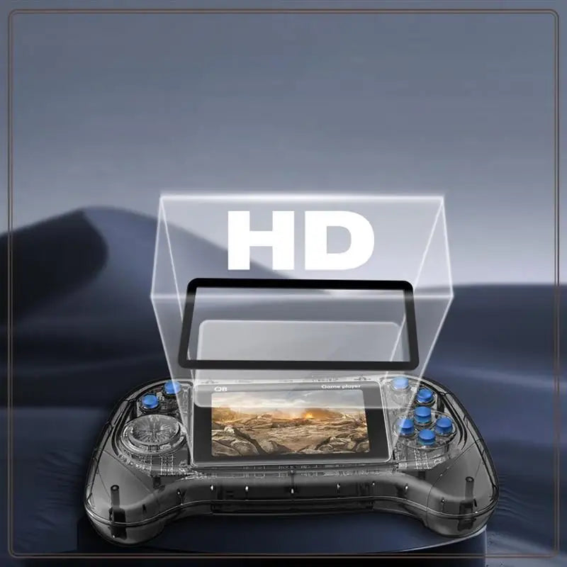 Gaming controller with transparent display showing 'HD' text on a dark background