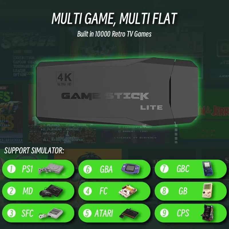 Game Stick LITE with 10,000 retro TV games support on a dark background