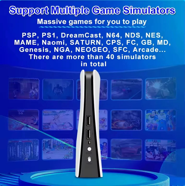 Gaming console with a list of supported game simulators on a blue background