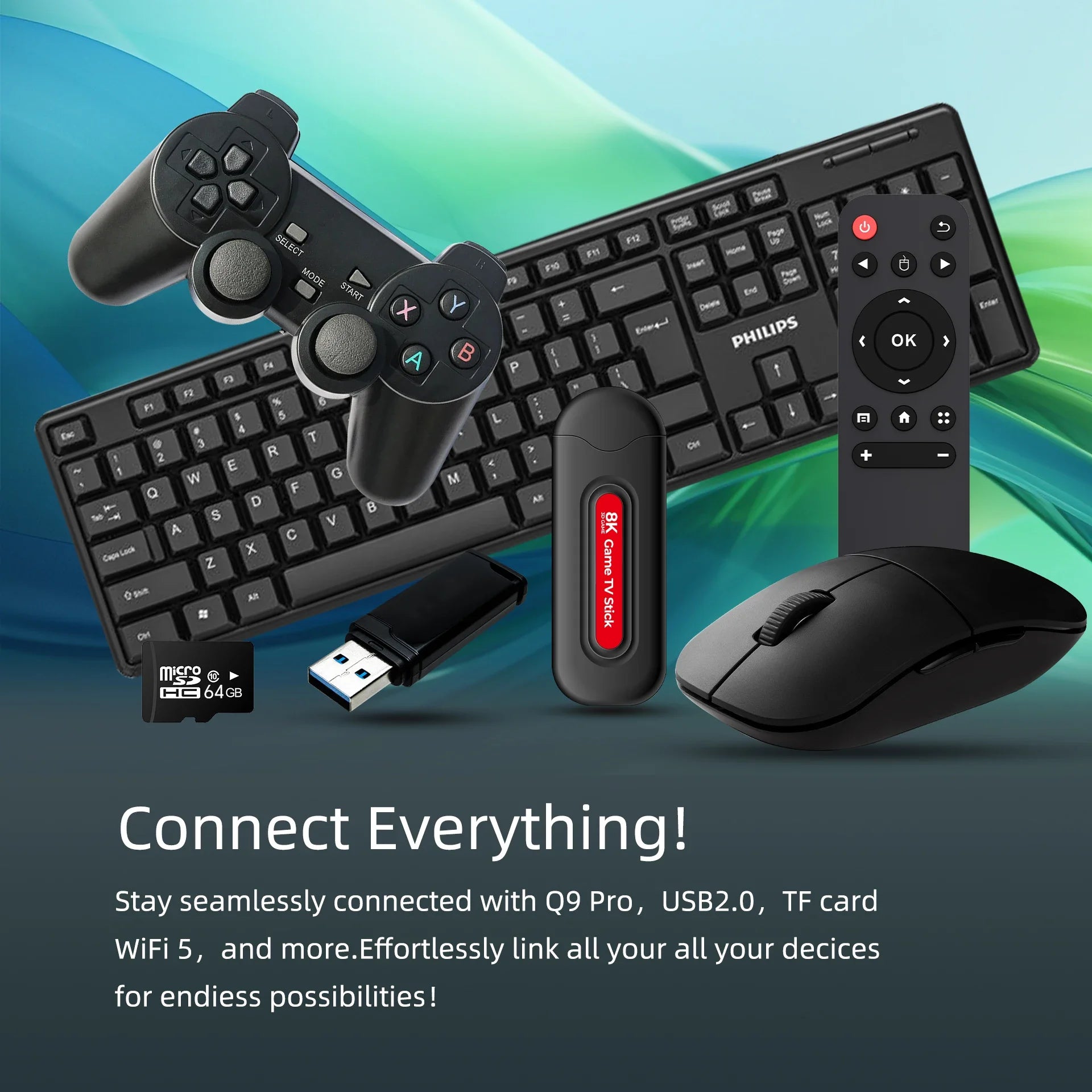 Philips keyboard, mouse, and remote control with USB stick on a colorful gradient background