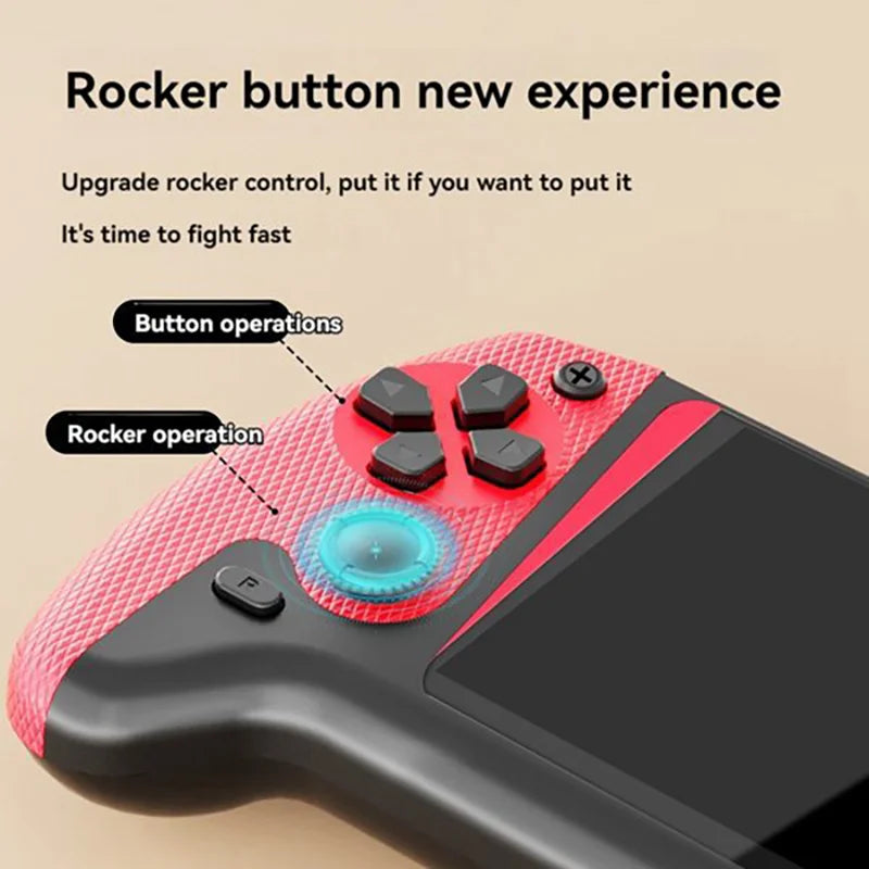 Gaming controller with rocker buttons and text on a beige background