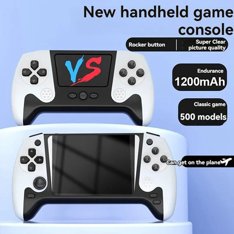 New handheld game console with screen displaying 'VS' and promotional text on a blue background