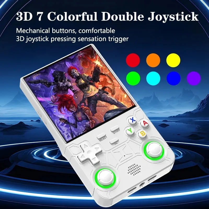 Handheld gaming console with colorful joystick and buttons on a scenic background