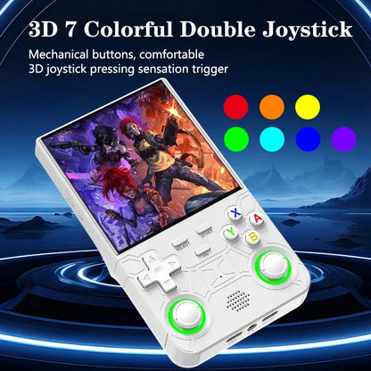 Handheld gaming console with colorful joystick and buttons on a scenic background
