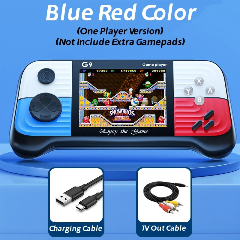 Handheld game console with screen displaying a game, charging cable, and TV out cable on a blue background.