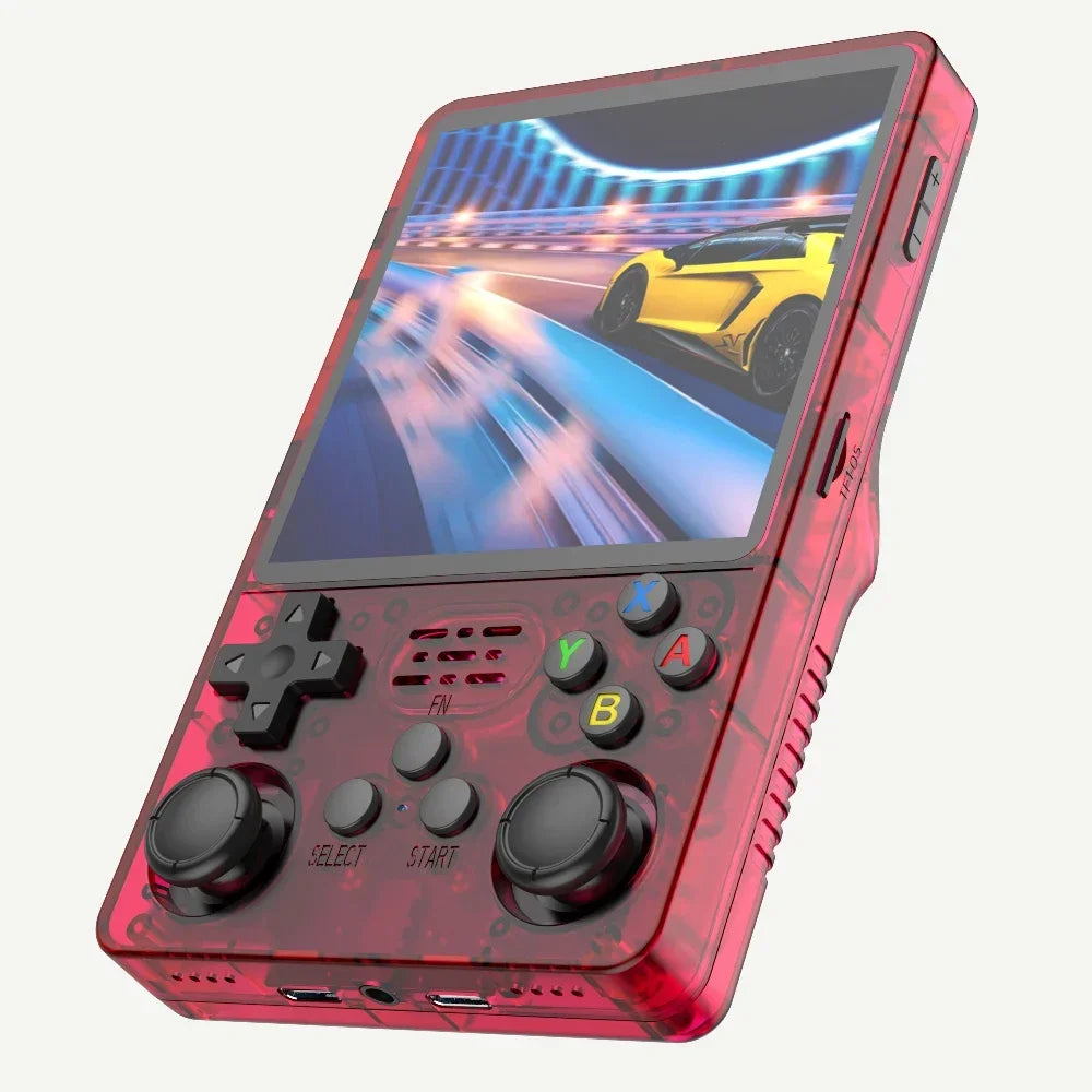Handheld gaming console with a red casing displaying a racing game on screen.