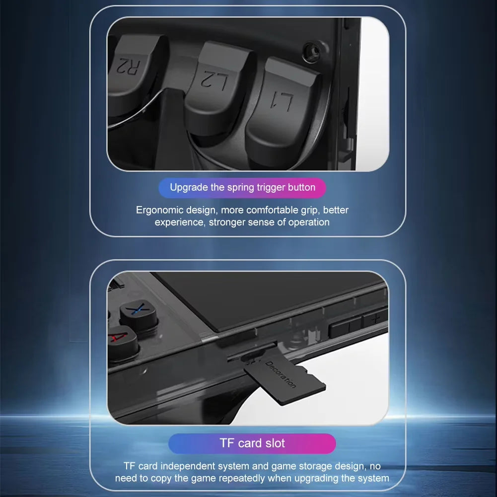 Gaming controller with spring trigger upgrade and TF card slot on a blue background