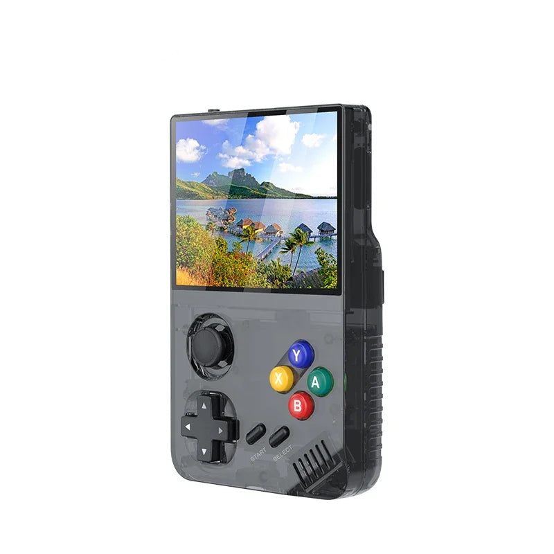 Handheld gaming console with a screen displaying a scenic image on a white background