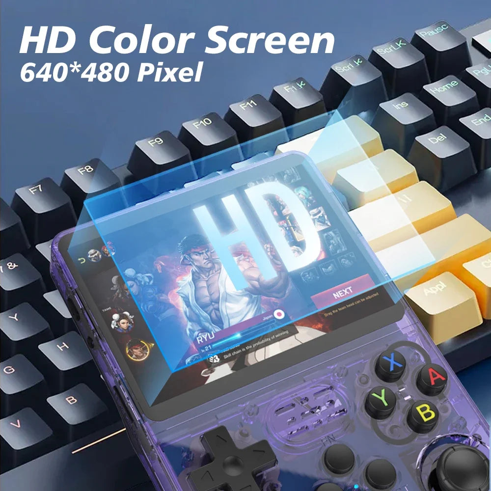 Handheld gaming console with HD color screen on a keyboard background