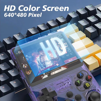 Handheld gaming console with HD color screen on a keyboard background