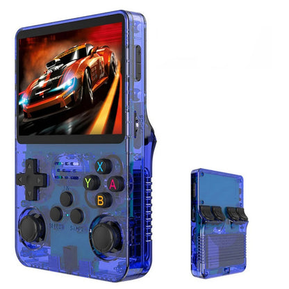 Transparent blue handheld gaming console with battery pack on a white background