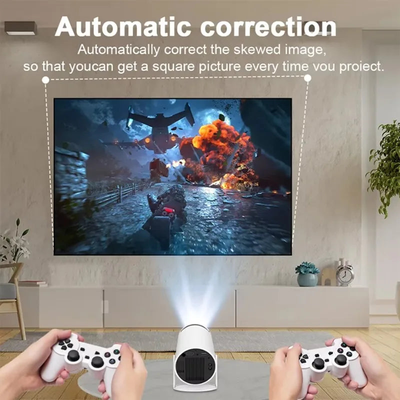 Projector displaying a game on a screen with automatic correction feature, held by two hands with controllers.