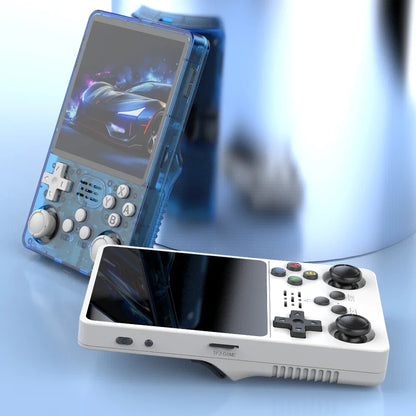 Handheld gaming console with a transparent blue casing on a light blue background