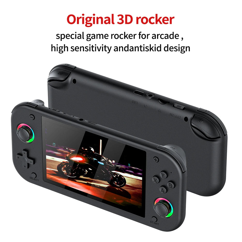 Black game controller with screen displaying a racing game, labeled 'Original 3D rocker' on a white background.