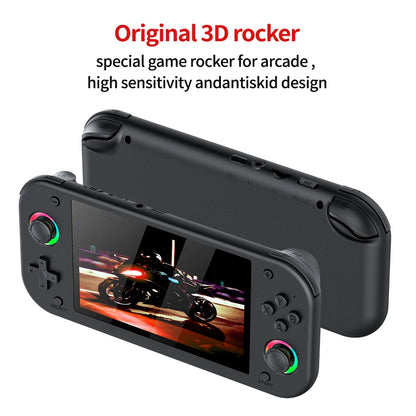 Black game controller with screen displaying a racing game, labeled 'Original 3D rocker' on a white background.