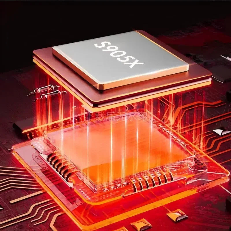 Close-up of a computer processor with 'S905X' branding on a dark background