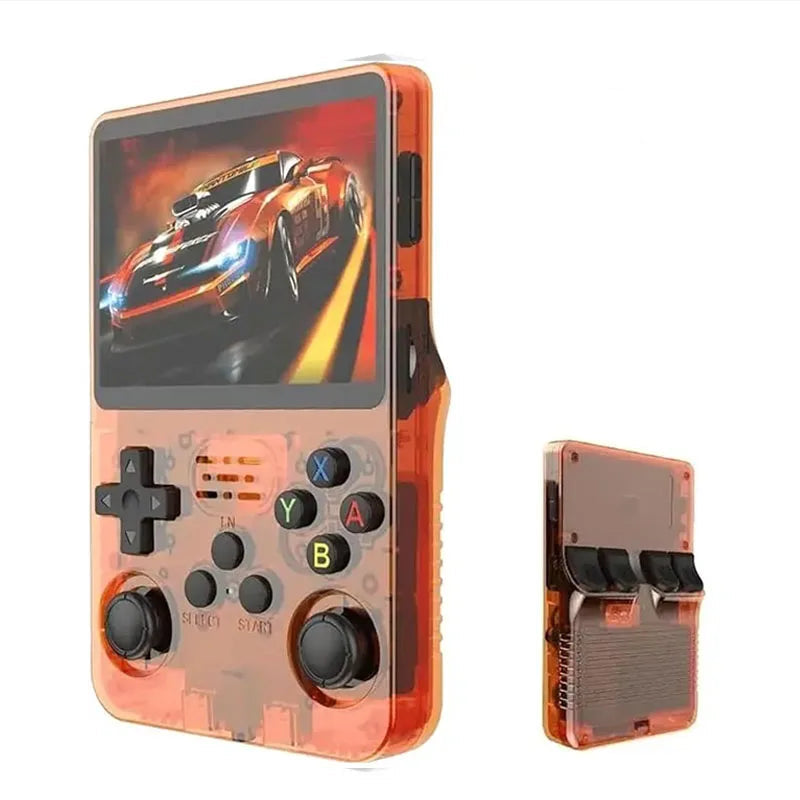 Handheld gaming console with orange casing displaying a racing game, on a white background.