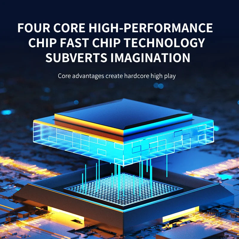 High-performance chip with text highlighting its features on a dark background