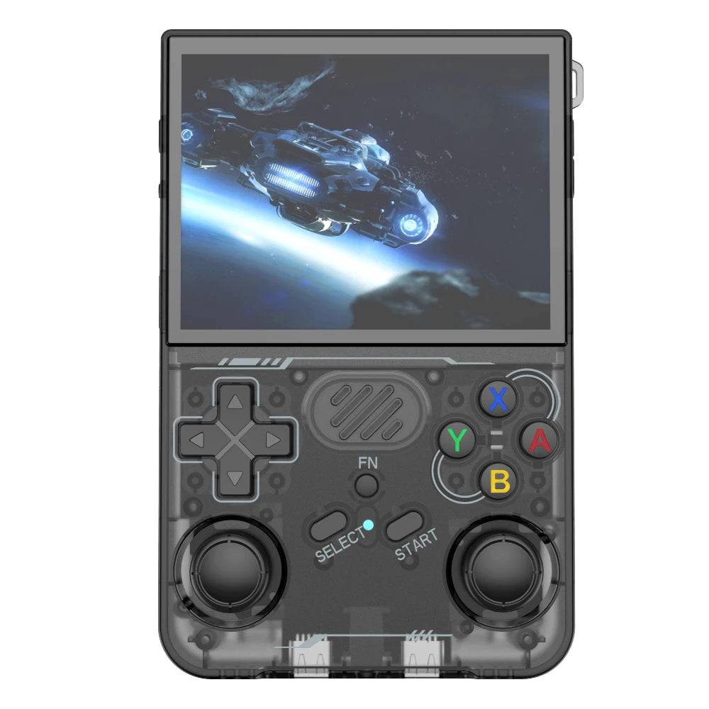 Handheld gaming console with a screen displaying a space-themed game on a white background