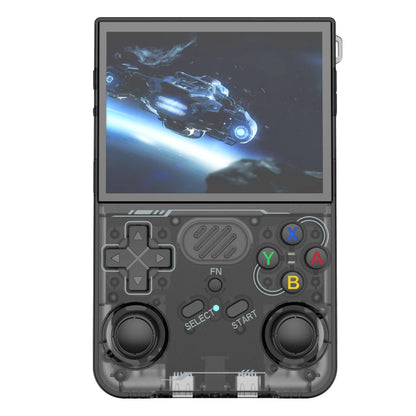 Handheld gaming console with a screen displaying a space-themed game on a white background