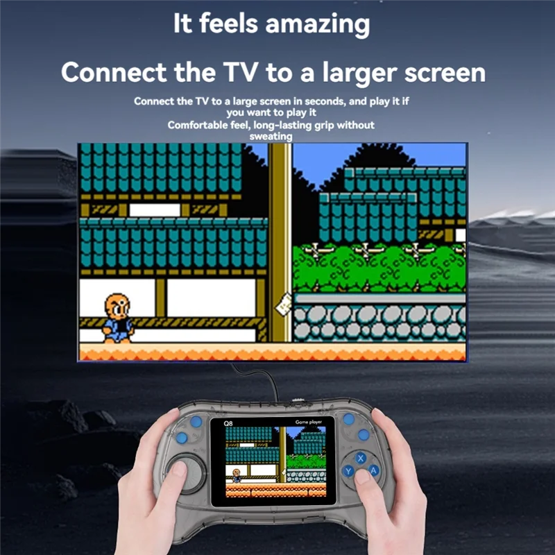 Handheld gaming console with screen displaying a game, connected to a larger screen with text about comfort and ease of use.