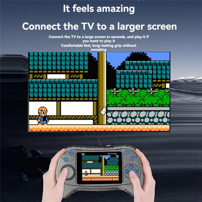 Handheld gaming console with screen displaying a game, connected to a larger screen with text about comfort and ease of use.