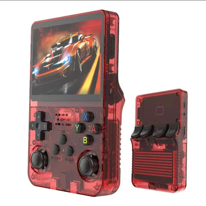 Red handheld gaming console with transparent design on a white background