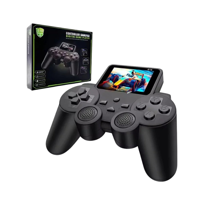 Black gaming controller with attached screen and packaging on a white background
