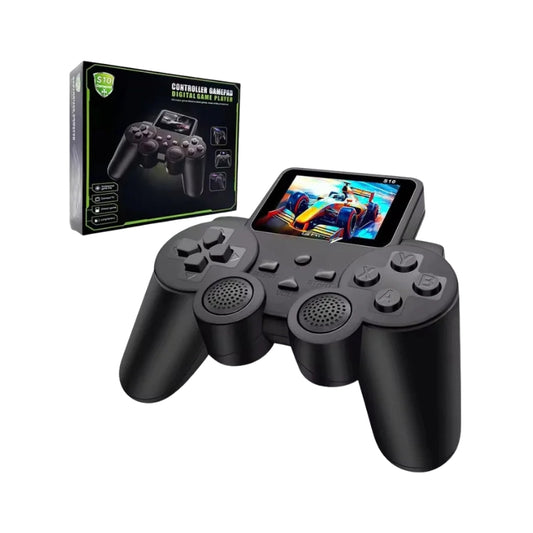 Black gaming controller with attached screen and packaging on a white background
