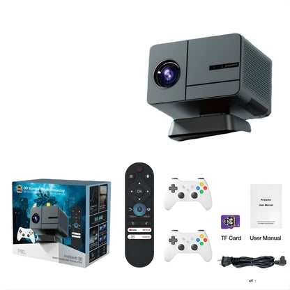 Mini projector with accessories on a white background
